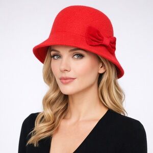 Vintage 60s Wool Red Bucket Cloche Felt Hat with Velvet Bow Size XS/S
